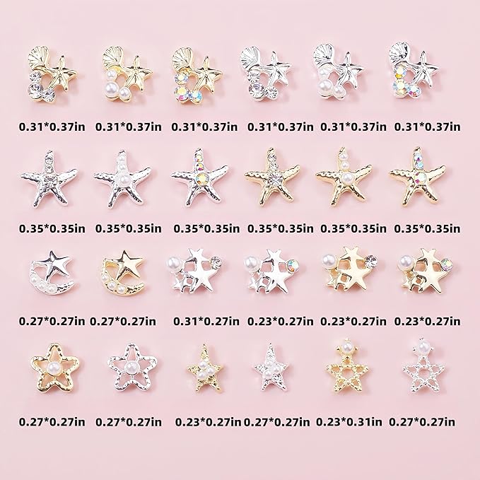 18Pcs Mixed Color 3D Starfish Nail Charms Alloy Summer Beach Nail Art Rhinestones Ocean Theme Shell with Flatback Pearls Caviar Beads Designs Nail Charms Summer Beach DIY Crafts Manicure Decoration