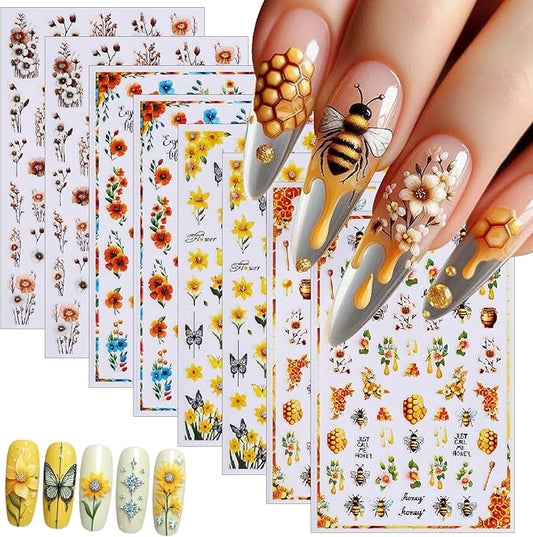 8 Sheets Multi Styles Sunflower Nail Art Stickers Summer Floral Self-Adhesive Yellow Orange Sun Flowers Butterfly Bees Decals Nail Sticker for Women Girls Manicure Tips Decoration
