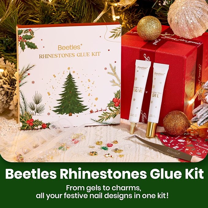 Beetles Christmas Rhinestones Glue Kit - Christmas Limited with 3D Sculpting Gel, Strong Nail Art Gem Glue &Tool for Crystals Pearls Charms Christmas Nail Art DIY Decoration Gift for Women