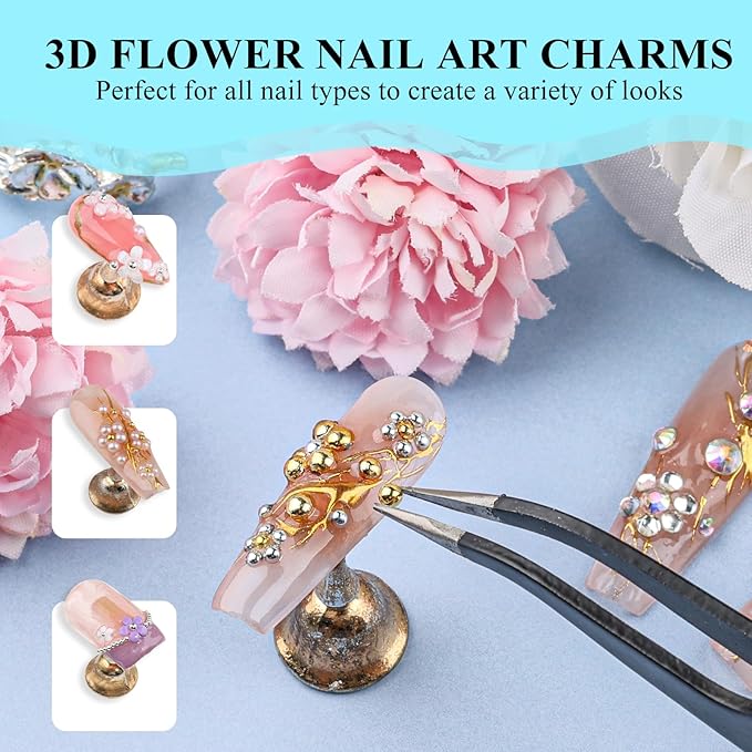 4 Boxes 3D Flower Nail Charms and Gems - Pink Nail Flower Charms Crystal AB Clear Gemstones Silver/Gold Caviar Beads White/AB Pearls for Women DIY Manicure Crafts (18-S4-Pink)