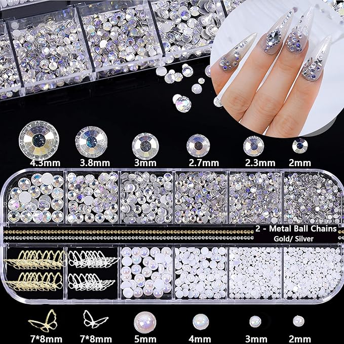 3D Acrylic Butterfly Flowers Bear Nail Charms Art 3D, AB Crystal Rhinestones Multi Shapes Pearl Gold Metal Art, Decal Jewelry Accessories DIY Crafting, 2 Piece Set