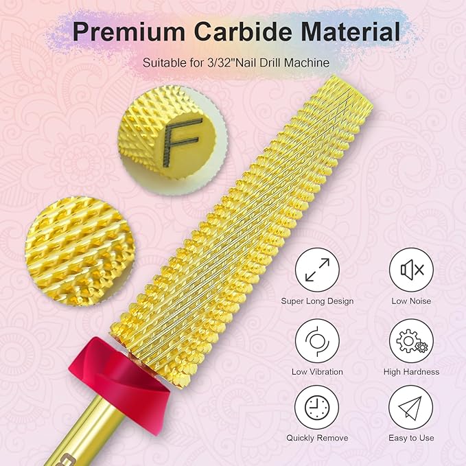 Depvko Super Long 5 in 1 Nail Drill Bits, 3/32'' Carbide Tungsten Bits, Two Way Rotate Professional Advanced Safety Bits for Nail, Fast Remove for Manicure Pedicure (Long 5in1-Gold, Fine-F)