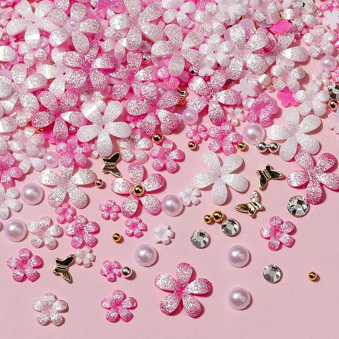 3D Flower Nail Charms and Gems with Nail Beads & Butterfly - Rose/White/Pink Flowers + Gold/Silver Caviar Beads + White Rhinestones Half Pearls + Metal Gold Butterfly for DIY Nails (3-S1-Glitter)