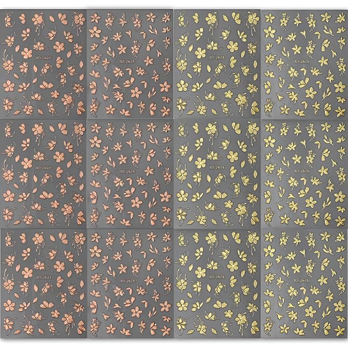 12 Sheets Flower Nail Art Stickers 3D Self Adhesive Gold Nail Decals Summer Spring Nail Stickers for Nail Art Design Flower Nails Supplies for DIY Acrylic Nails for Women Girls