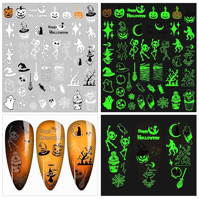 9 Sheets Luminous Halloween Nail Stickers for Women, Pumpkin Bat Ghost Witch Skull Scratches Nail Art Stickers for Girls Kids Nail Art Halloween Decoration