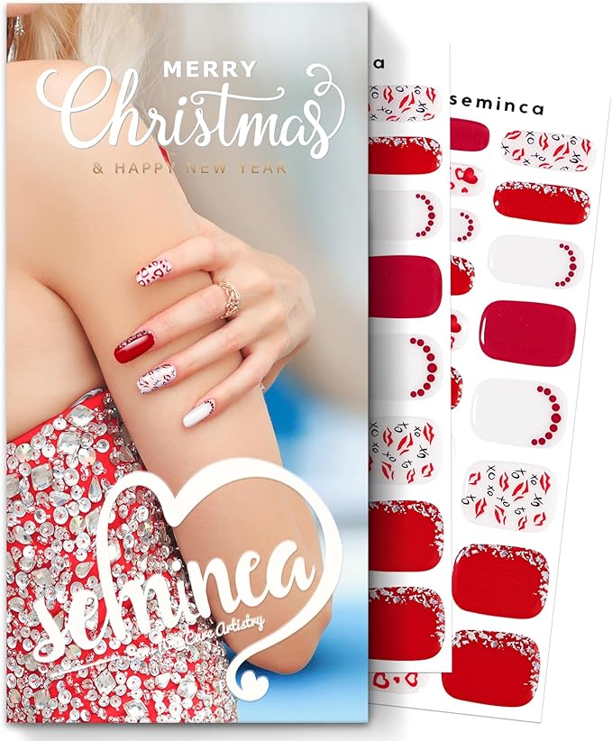 Semi Cured Gel Nail Strips-Magenta Sparkle with Pink Winter Designs, 36Pcs Almond Fake Nails, Christmas Party Nails,Works with Any UV/LED Lamps(Romance-Sign)