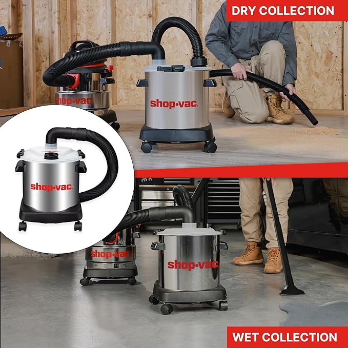 Shop-Vac Dust Collector with 5 Gallon Stainless Steel Tank, Movable Bucket for Woodworking, Easy Disposal of Dust & Debris, Prolong Filters Life, Elbow Fittings, 2-1/2" Hose and Filter Included
