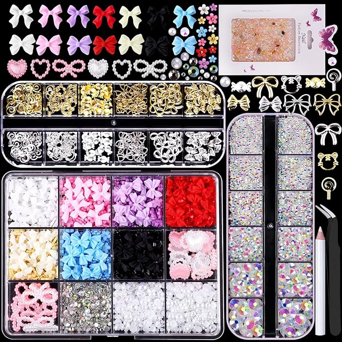 Mixed 3D Nail Charms and Rhinetones, Color Flower Bow Star Nail Art Charms,Half Round Pearl Flatback AB Nail Gems,Gold & Silver Nail Studs,Gravel Diamond Manicure Kit DIY Nail Art Supplies Accessories