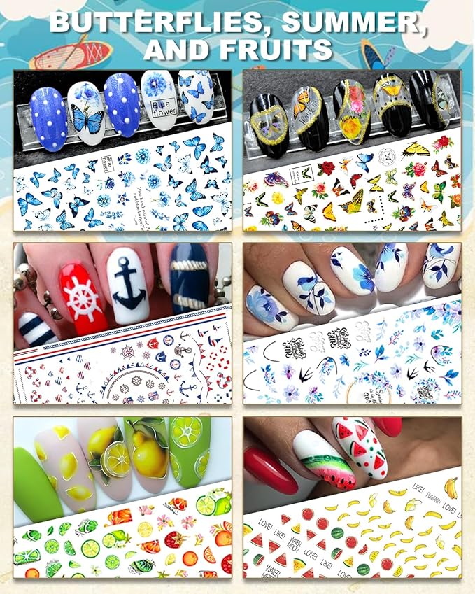 30 Sheets All Holiday Nail Art Stickers, Variety Pack Seasonal Nail Decals, Self-Adhesive Colorful Design for Daisy Flowers Butterflies Star Halloween Christmas