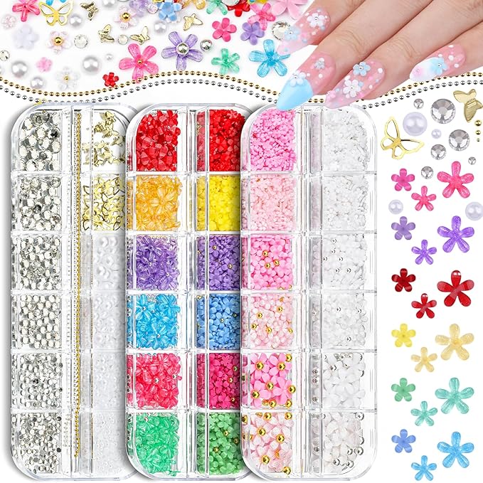 3 Boxes 3D Flower Nail Charms and Gems - Colorful Nail Flower & Metal Butterfly Charms Clear Rhinestones Gemstones Silver/Gold Caviar Beads White Pearls with Nail Chain for DIY Nails (15-S3-Mixed4)