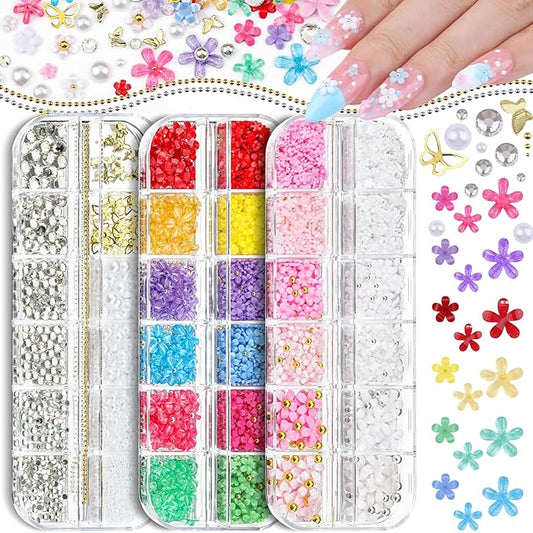 3 Boxes 3D Flower Nail Charms and Gems - Colorful Nail Flower & Metal Butterfly Charms Clear Rhinestones Gemstones Silver/Gold Caviar Beads White Pearls with Nail Chain for DIY Nails (15-S3-Mixed4)