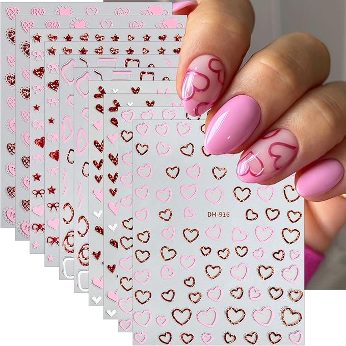 10 Sheets Valentines Nail Stickers Hollow Hearts Nail Decals 3D Self Adhesive Pink Red Bow Peach Heart Shaped Nail Art Stickers French Heart Nail Decorations for Women DIY Nail Art Designs Supplies