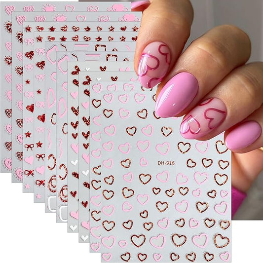 10 Sheets Valentines Nail Stickers Hollow Hearts Nail Decals 3D Self Adhesive Pink Red Bow Peach Heart Shaped Nail Art Stickers French Heart Nail Decorations for Women DIY Nail Art Designs Supplies