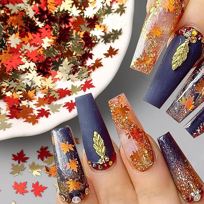 Fall Nail Art Glitters Shiny Mixed Golden Maple Leaf Nail Sequins Holographic Maple Leaves Nail Glitter Flakes Sparkly Autumn Winter Nail Designs Fall Stickers Decals Thanksgiving Decorations (1Bag)