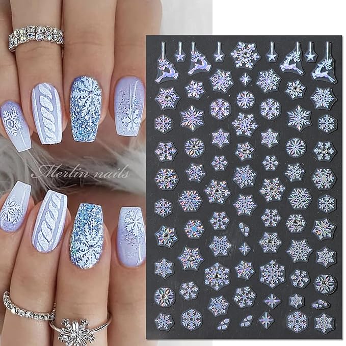 Rhinestone Studded Snowflake Nail Stickers, Christmas Self-Adhesive Crystal Diamond 3D Glitter Nail Art Design for DIY Manicure Winter Xmas DIY Nail Decals Decorations f (4 Sheets)