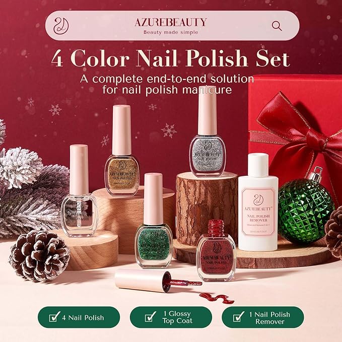 AZUREBEAUTY Nail Polish Set, 4 Colors Christmas Glitter Red Green Gold Silver Quick Dry Natural Fingernail Lacquer Strengthening Treatment Kit with Top Coat DIY Salon at Home