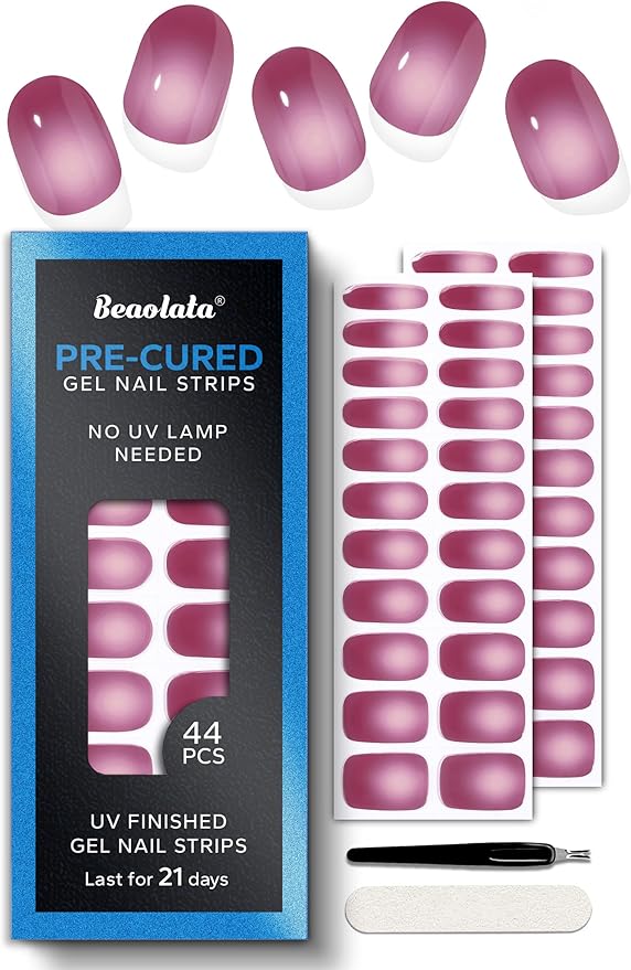 Pre Cured Gel Nail Strips - 44PCS Salon Quality Gel Nail Stickers - Long Lasting Polish Wraps for Women no UV Light Needed Easy Apply& Remove (Bold Pink)
