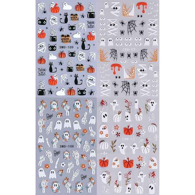 4 Sheet Halloween Nail Stickers 5D Embossed Nail Art Stickers Decals with Spider Web Pumpkin Design Ghost Mummy Nail Stickers for Nail Art Self-Adhesive Nails Supplies for Women Manicure Decor