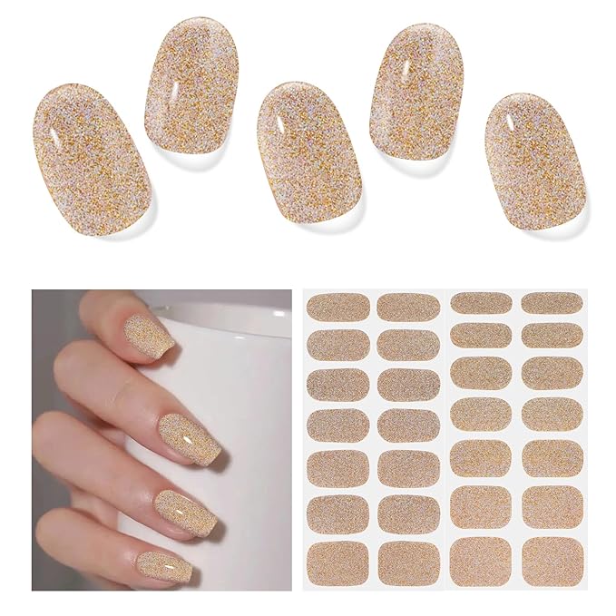 Semi Cured Gel Nail Strips,28 PCS Gold Nail Art Stickers(Shiny),Gel Stickers for Nails UV Light,Nail Polish Strips Includes Prep Pads, Nail File & Wood Stick