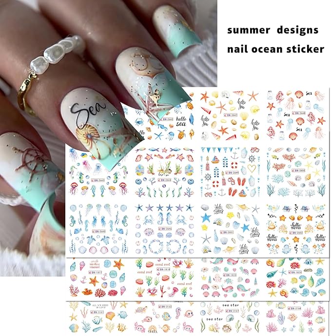 Summer Nail Stickers for Nail Art 36 Designs Ocean Water Transfer Nail Decals Sea Shell Starfish Jellyfish Sea Turtle Seaweed DIY Stickers Nails Supplies Vacation Beach Manicure Decoration 3 Sheets