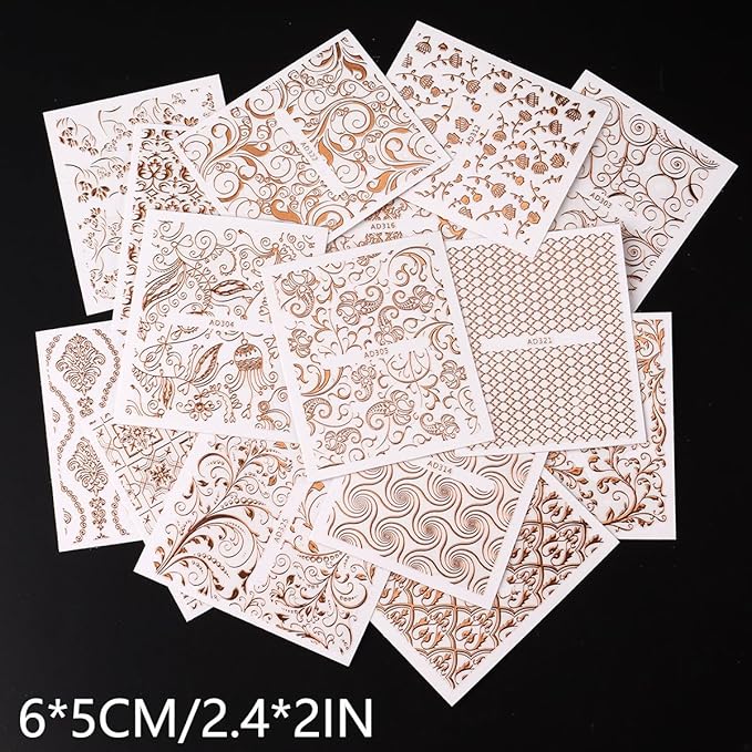 26 Sheets Rose Gold Nail Stickers Set, 3D Self Adhesive Nail Decals with Metal Geometric Stripe Wave & Lace Flower Floral Vine Patterns for DIY Manicure Decorations