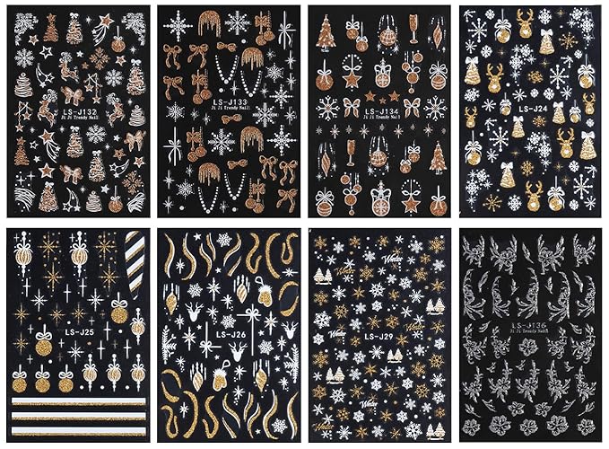 JMEOWIO 8 Sheets Christmas Glitter Nail Art Stickers Decals Self-Adhesive Silver Snowflake Nail Supplies Nail Art Design Decoration Accessories