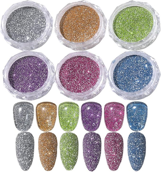 6 Colors Glitter for Nails, 1g Nail Powder Rainbow Silver Gold Green Purple Pink Blue for Nails Holographic Decorations for Nail Art Tips Manicure