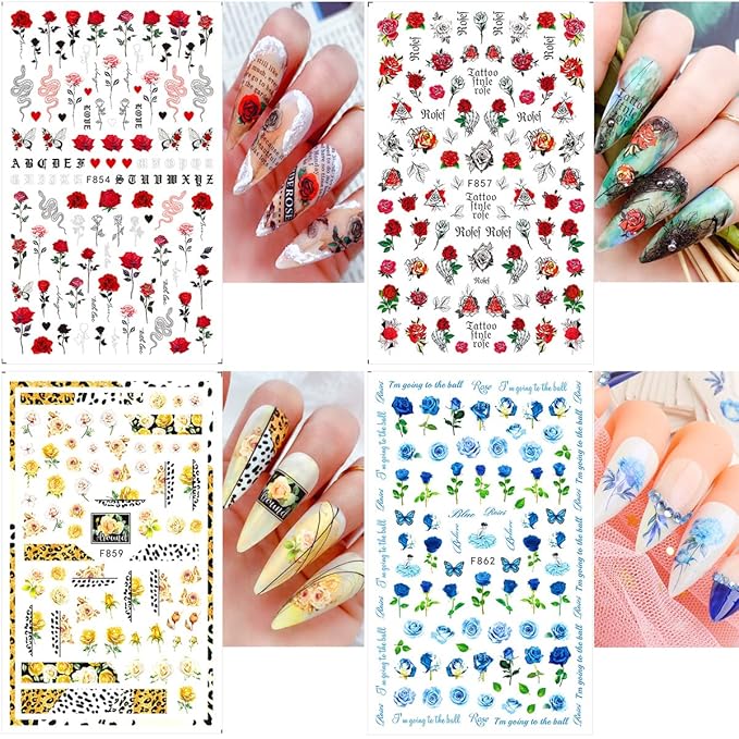 6 Sheets Flower Nail Art Stickers 3D Blue Pink Red Rose Nail Decals Spring Summer Nail Art Supplies Leopard Snake Leaf Butterfly Floral Nail Designs Supply Nail Stickers for Acrylic Nails Decor