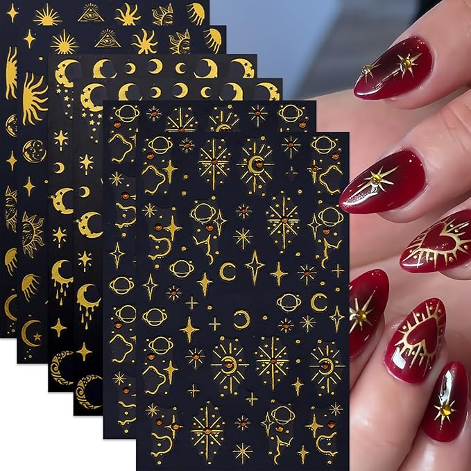 6 Pcs Gold Star Nail Stickers for Nail Art,Self-Adhesive Red Diamond Star Moon Nail Decals Star Moon Sun Pegatinas Uñas Cute Stars Nail Design Stickers Nail Art Supplies for Women Nail Decorations