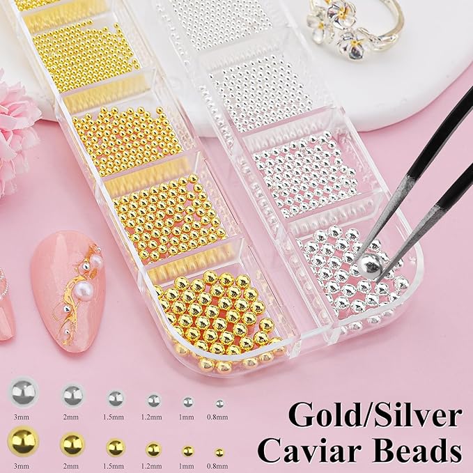 5 Boxes Nail Gems Kit - Flatback Rhinestones and Half Pearls & Nail Beads for Acrylic Nails, Colorful Rhinestones Crystal AB Clear Gemstones Silver/Gold Caviar Beads with Pickup Tools (23-S4-Beads)