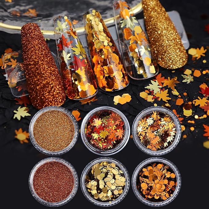 Fall Nail Art Glitter Maple Leaf Nail Sequins Flakes, 2 Colors Manicure fine Glitter Powder, 3D Holographic Orange Red Nail Stickers Decals Supplies Nail Charms for Women Girls 6 Box