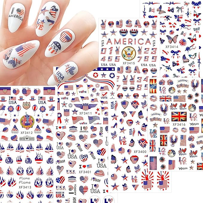 Patriotic 4th of July Nail Art Decals - 8 Sheets 3D Self-Adhesive Nail Stickers for Women