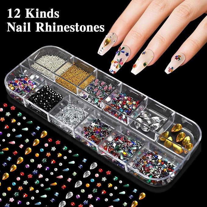 6 Boxes Nails Charms, 15 Sheets Gold Stickers, Shiny Colorful Nail Art Rhinestones Kit, 3D Nail Gems, Decals, Stickers and Pearls, Dotting Tools, DIY Accessories, Nails Decoration