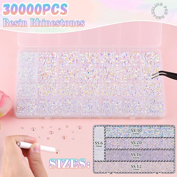 30000Pcs Resin Rhinestones for Bedazzling with B7000 Jewelry Glue, Transparent AB Flatback Gems Rhinestones for Crafting, Clothing Tumblers Mugs Shoes Fabric Decor Nail Art