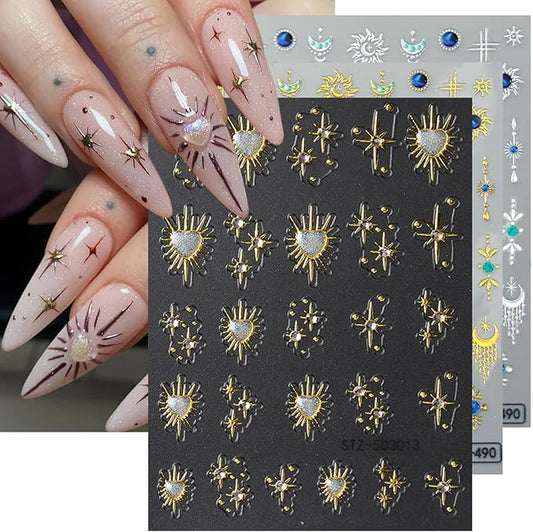 3 Sheets Star Moon Nail Stickers 5D Embossed Gold Stars Nail Art Stickers Shiny Star with Diamond Love Heart Sun Self-Adhesive Designs Chrome Nail Decals for Women DIY Decor Accessories