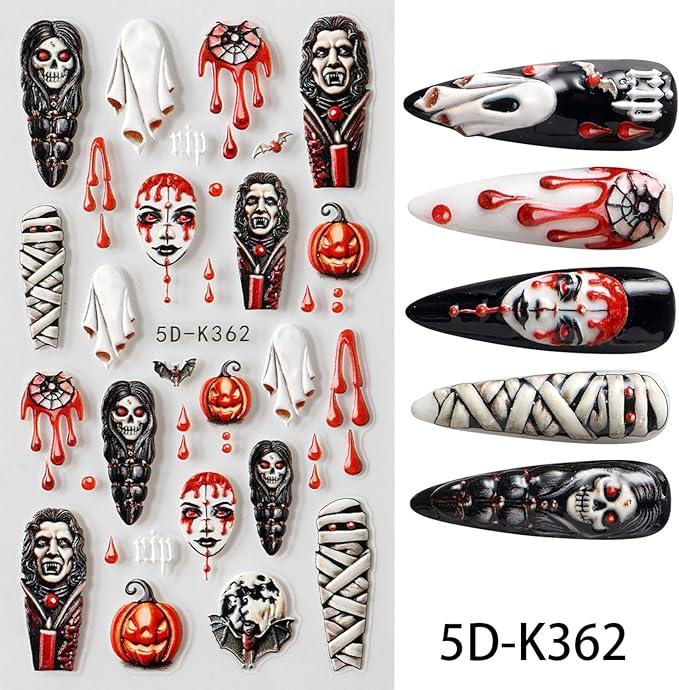 2 Sheets Halloween Nail Art Stickers 5D Embossed Horror Ghost Nail Stickers Big Red Lips Pumpkin Devil's Flame Eye Bat Design Terror Spider Mummy Nail Decals for Women Acrylic DIY Nail Decorations