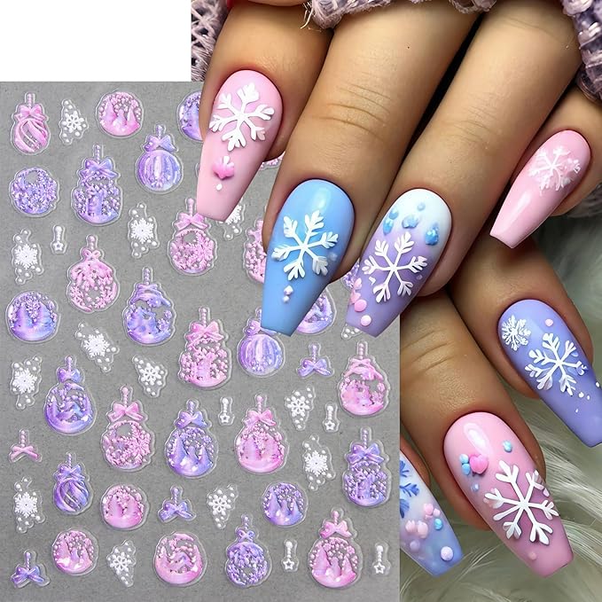 8 Pcs Snowflake Nail Stickers 5D Embossed Self-Adhesive Xmas Snowball Nail Decals Christmas Tree Nail Art Stickers Lantern Ball Holly Leaf Snowmen Nail Supplies for Women Winter Holiday DIY Manicure