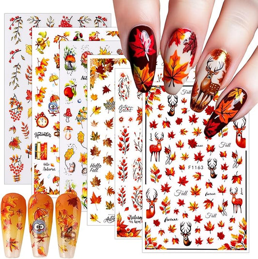 Fall Nail Art Stickers Decal 3D Maple Leaf Elk Pumpkin Self-Adhesive Nail Decals Thanksgiving Nail Stickers for Women DIY Manicure Autumn Party Nail Decorations Supply 6 Sheets