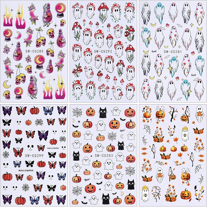 Halloween Nail Stickers Cat Ghost Skull Nail Art Stickers Spider Web Nail Decals DIY Self Adhesive Cute Cartoon Pumpkin Butterfly Design Sticker Nail Decoration for Women Manicure Accessories 6Pcs