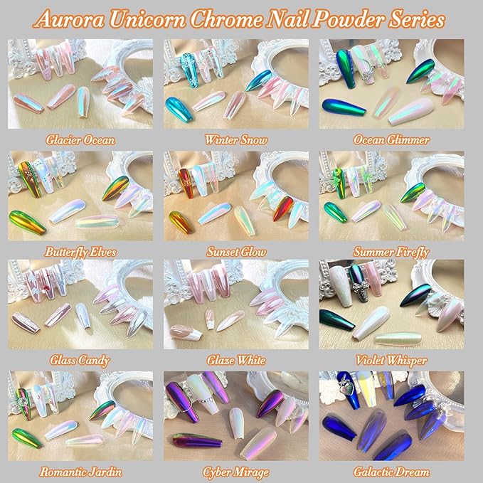 Unicorn Chrome Nail Powder, Aurora Unichrome Mermaid Aurora Pigment Pearlescent Nail Art Glitter Dust Decoration for Home DIY Salon Manicure - Cyber Mirage