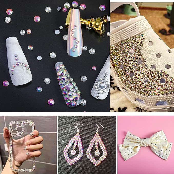 Beadsland 7200pcs Flatback Rhinestones,AB Crystal Rhinestone Nail Gems Round Crystal Rhinestones for Crafts,Mixed 6 Sizes with Wax Pencil Kit, SS3-SS10,Crystal AB