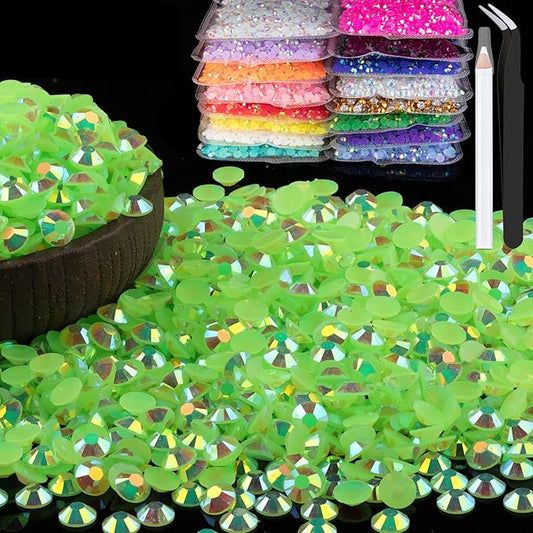 2000pcs 6mm Resin Rhinestones Bulk, Fluorescent Green AB Flatback Round Jelly Rhinestones Non Hotfix Crystal Gems Large Quantity Wholesale for DIY Crafts Clothes Face Makeup Manicure