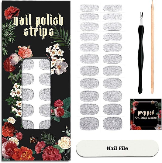 Nail Polish Strips - 22 Pcs Salon Quality Gel Nail Stickers - Long Lasting Wraps (Lunar Surface Light Grey)