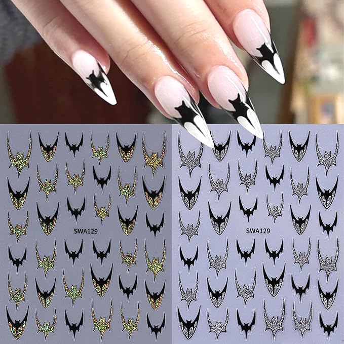4pcs Halloween Bat Nails Art Stickers Glitter Holographic Gold Silver French Bat Design Adhesive Nail Decals Sliders Halloween French Sticker for Nails Supplies Accessories Y2K Manicure Decor