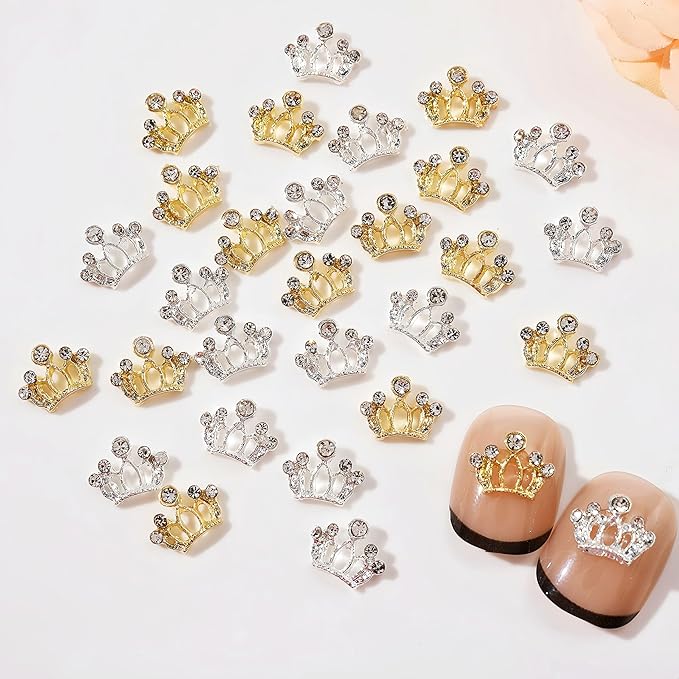 24pcs Metal Crown Nail Charms Shiny Gold Silver Nail Rhinestones Hollow Out Crown Nail Gem Exquisite Luxury Crown Nail Design Crystal Crown Nail Jewels Nail Decorations for Nail Art DIY Nail Supplies