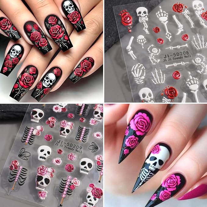 2Sheets Halloween Nail Art Stickers 5D Embossed Skull Bones Nail Decals with Cute Rose Flowers Designs Nail Stickers Self-Adhesive Skeleton Floral Nail Decal for Women DIY Manicure Decoration Supplies
