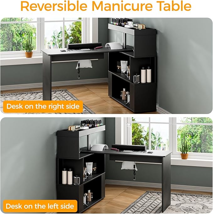 Manicure Table, L-Shaped Nail Tech Desk with Dust Collector, Reversible Rotating Table & Storage Shelf, Acetone Resistant Beauty Salon Station, Black