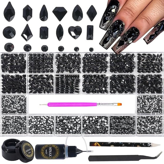 HNUIX Nail Rhinestones - 4550pcs Crystals Black, Multiple Shape Gems, Flatback Rhinestones, with Kit and Glue Gel, for Nail Art