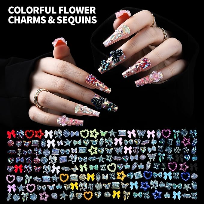 FAMDAMEI 24 Grid Nail Charms, Nail Art Kit with Multi Shapes Nail Charms and Gems, Flatback AB Nail Rhinestones Gold Nail Pearls, Colorful 3D Hawaii Flowers Nail Jewels for DIY Nail Design for Crafts