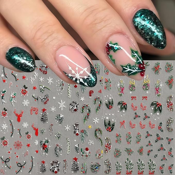 4 Sheets Christmas Nail Art Stickers Christmas Holly Nail Decals Relief Holly Leaf Christmas Tree Elk Nail Supplies White Snowflake Nail Design for Women New Year Xmas Holiday Nail Decor Accessories